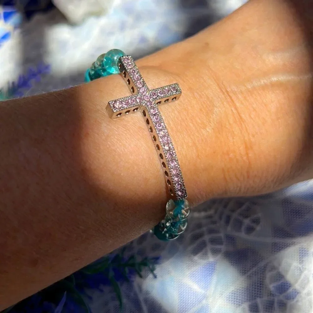 Pink Crystal Cross Stretch Bracelet